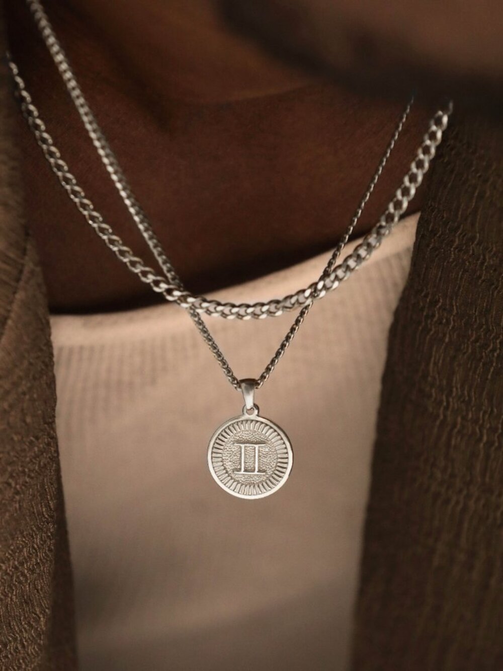 Men's Silver Gemini Pendant Necklace Set